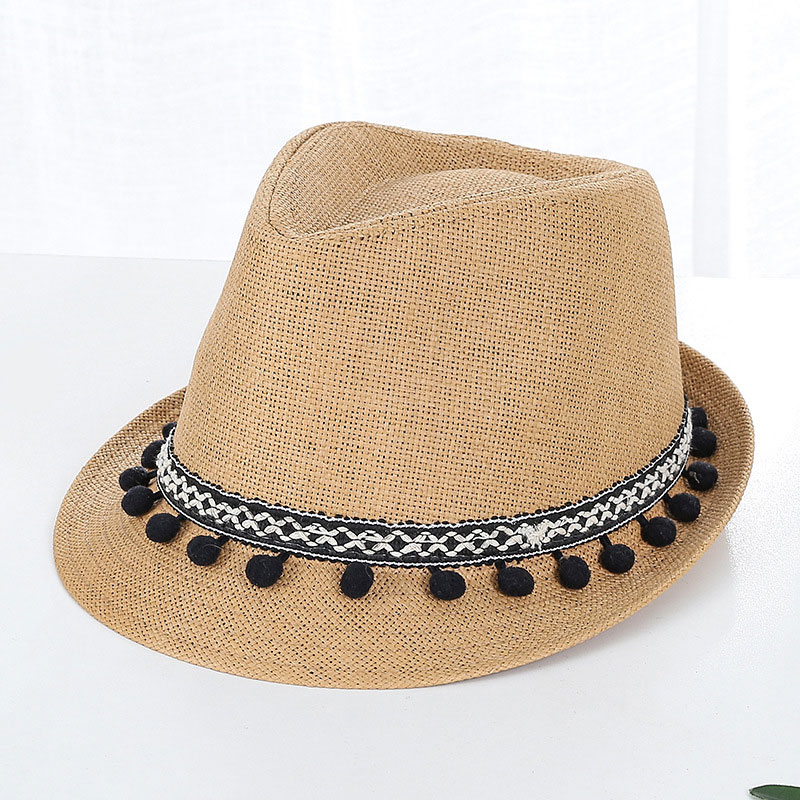 Pom Pom Trim Mens Trilby Straw Hat