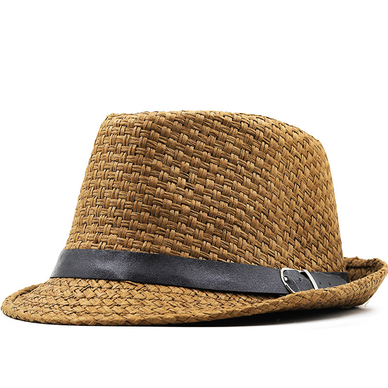 Mens Coklat peteng Jerami Kain Trilby Sun Hat