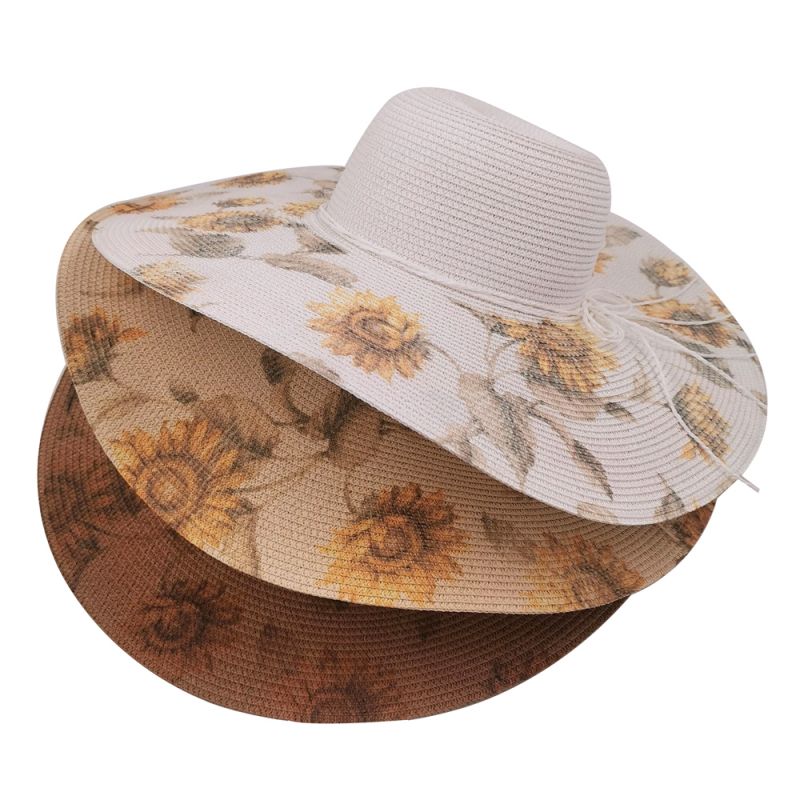 Topi pantai jerami print sunflower kualitas kanggo wanita